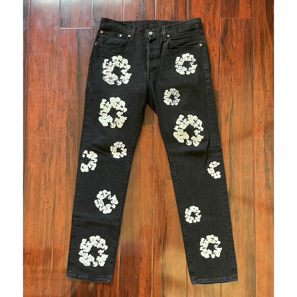 Levi's x DENIM TEARS 501 Black Cotton Wreath Denim Jeans 34W x 34L Preowned